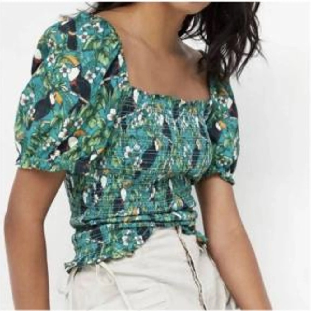 Anthropologie Dolan Left Coast Green Smocked Puffy Sleeve Tropical Top Size S